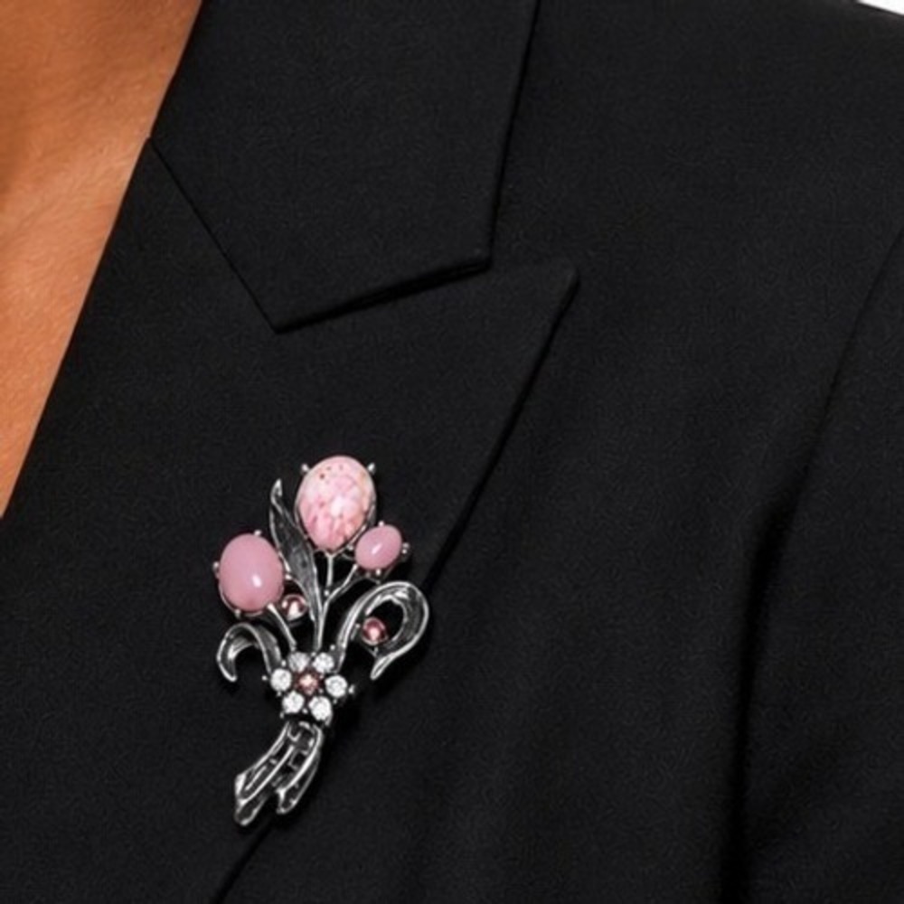 Vintage Silver Tone Pink Cabochon Rhinestone Floral Bouquet Brooch Pin Chic J-01
